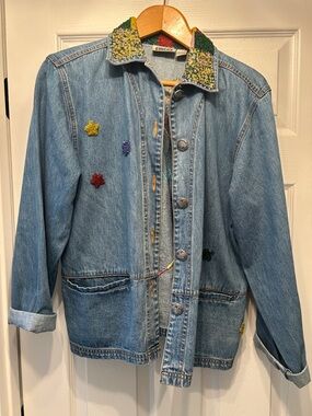 Vintage Denim Jacket with Multicolor Embroidered Collar and Accents - Light Blue